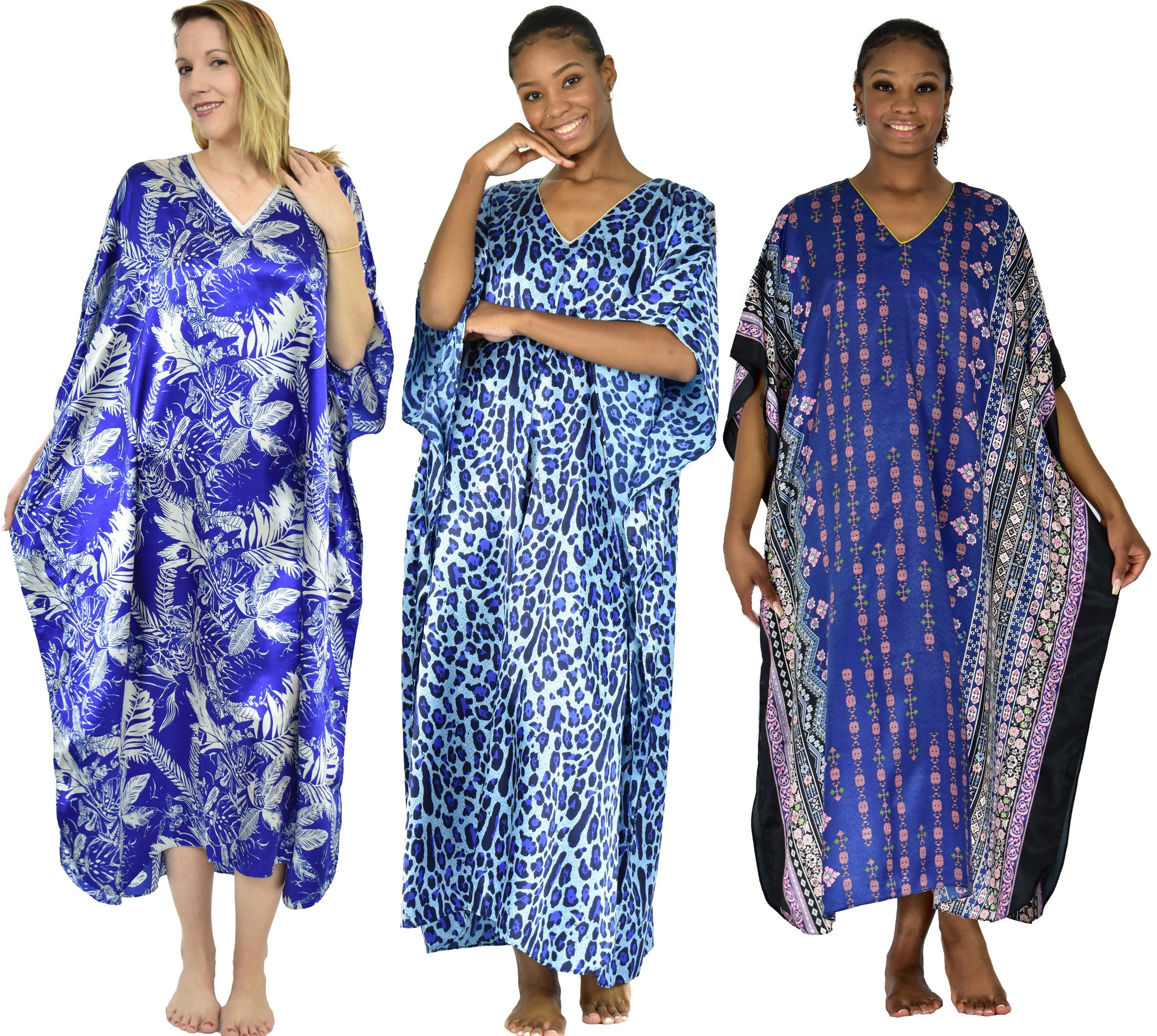 Women's Long Satin Caftans / Kaftans / Muumuus, Three-Piece Blue Print Value Pack 11