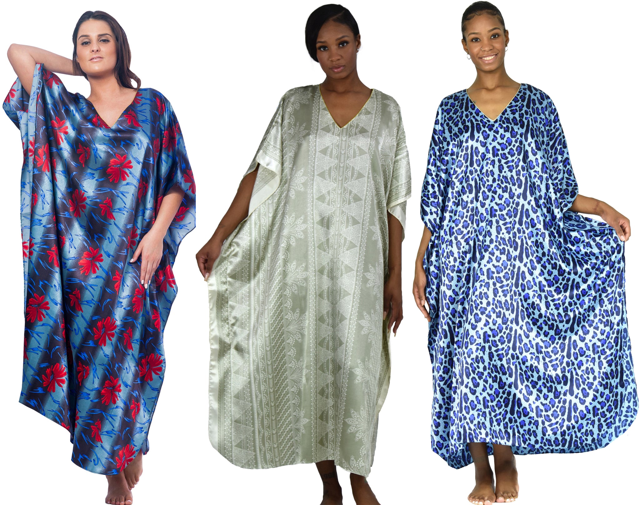 Women's Long Satin Caftans / Kaftans / Muumuus, Three-Piece Pretty Print Value Pack 14