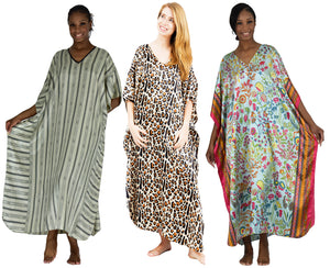 Women's Long Satin Caftans / Kaftans / Muumuus, Three-Piece Pretty Print Value Pack 15