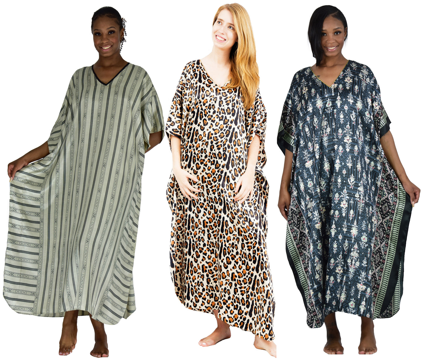 Women's Long Satin Caftans / Kaftans / Muumuus, Three-Piece Pretty Print Value Pack 15