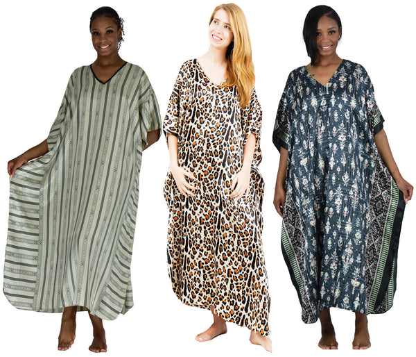 Women's Long Satin Caftans / Kaftans / Muumuus, Three-Piece Pretty Print Value Pack 15