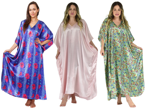 Women's Long Satin Caftans / Kaftans / Muumuus, Three-Piece Pretty Print Value Pack 22