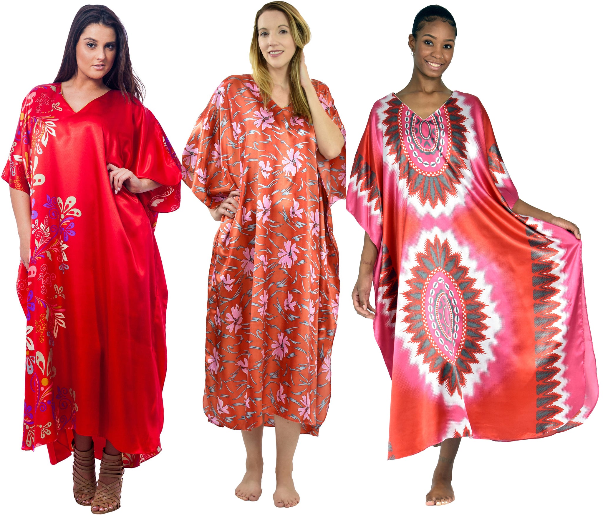 Women's Long Satin Caftans / Kaftans / Muumuus, Three-Piece Red Print Value Pack 23