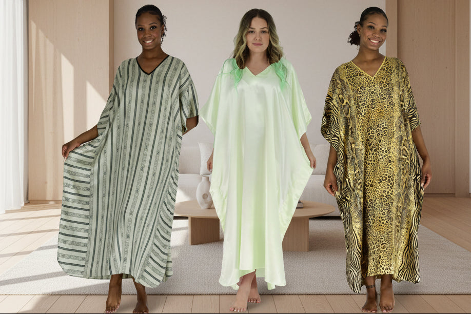 Women's Long Satin Caftans / Kaftans / Muumuus, Three-Piece Solid Color Value Pack 24
