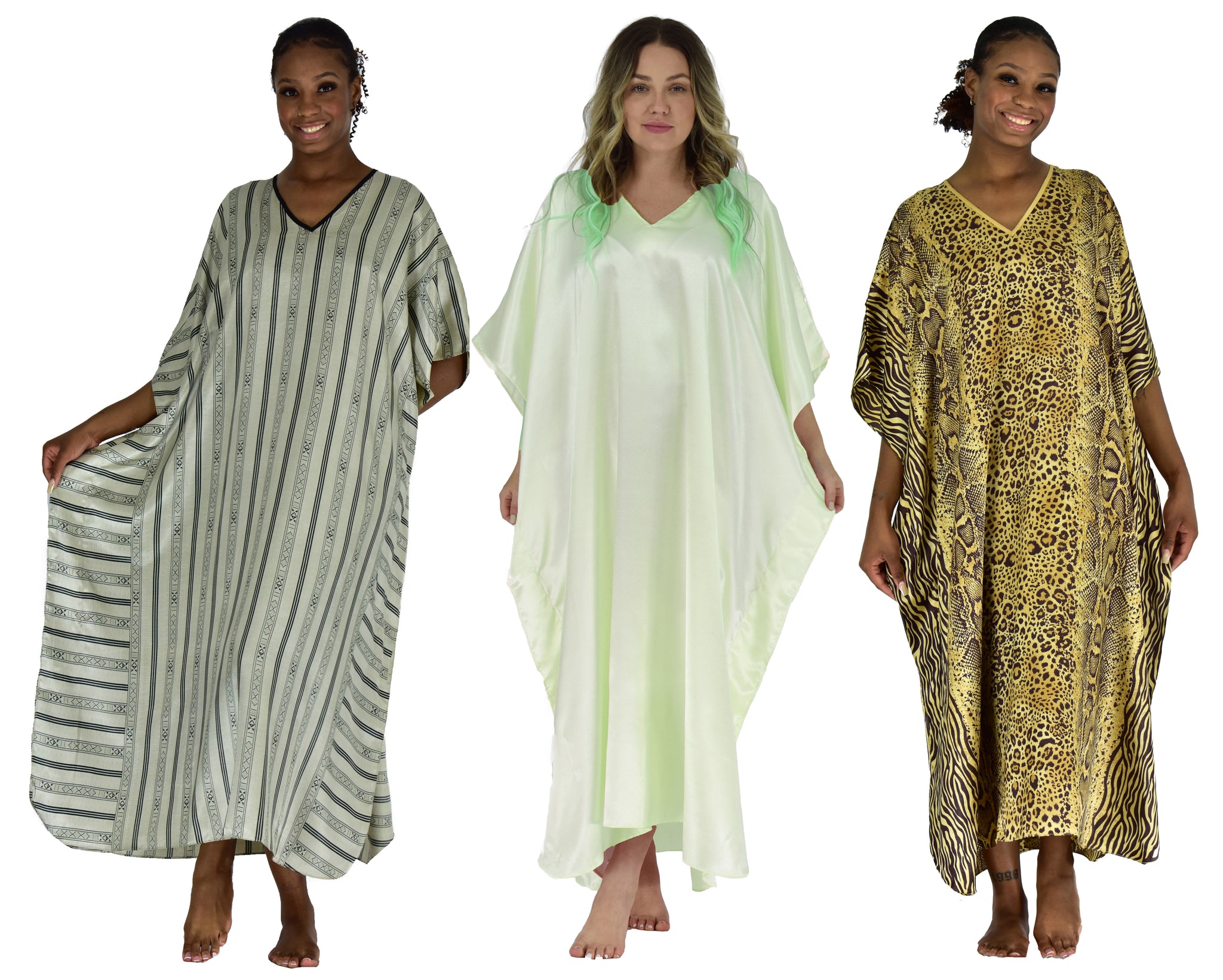 Women's Long Satin Caftans / Kaftans / Muumuus, Three-Piece Solid Color Value Pack 24