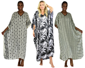 Women's Long Satin Caftans / Kaftans / Muumuus, Three-Piece Black Print Value Pack 25