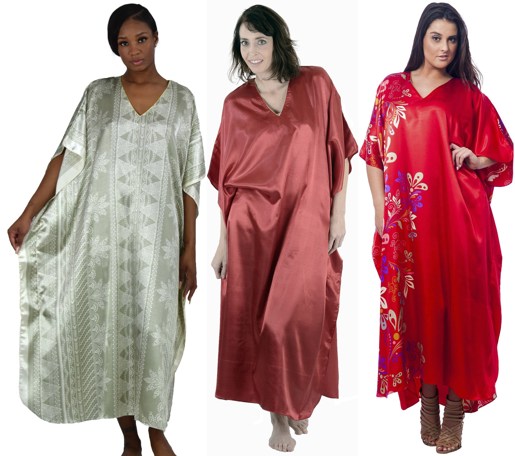 Women's Long Satin Caftans / Kaftans / Muumuus, Three-Piece Solid Color Value Pack