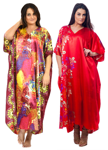 Women's Long Satin Caftans / Kaftans / Muumuus, Three-Piece Solid Color Value Pack