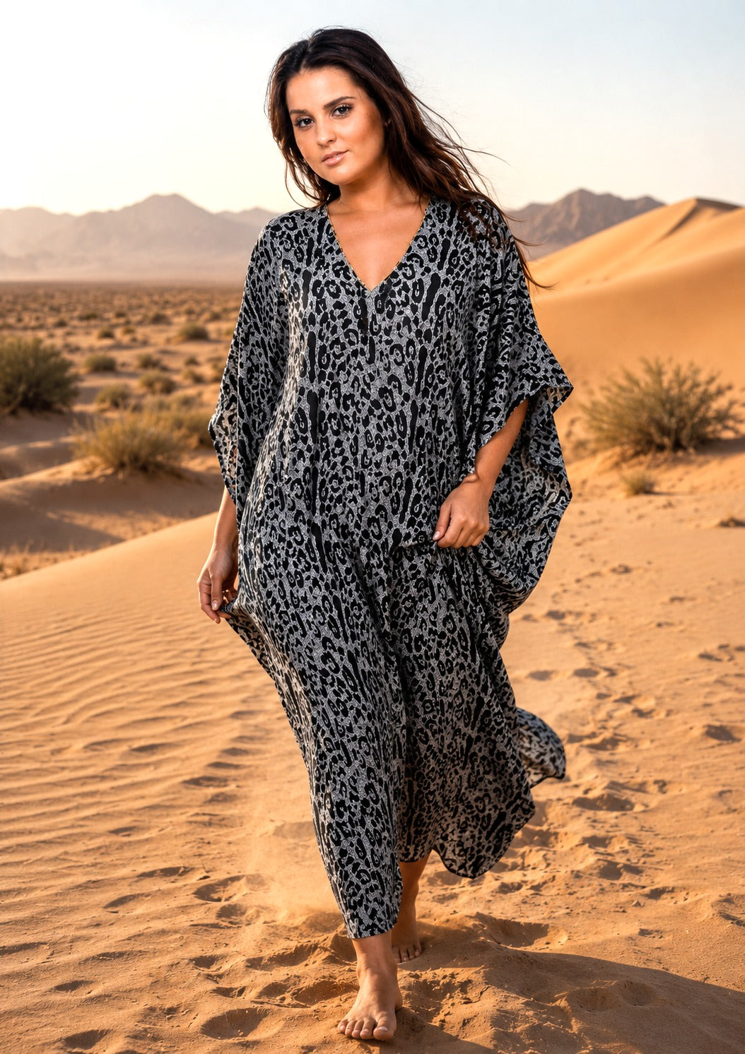 Women's Long Satin Caftan / Kaftan / Muumuu, Classic Animal Print Nightgown, Style Caf-65C2