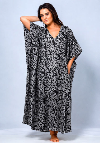 Women's Long Satin Caftan / Kaftan / Muumuu, Classic Animal Print Nightgown, Style Caf-65C2