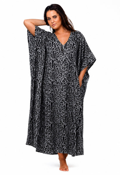 Women's Long Satin Caftan / Kaftan / Muumuu, Classic Animal Print Nightgown, Style Caf-65C2