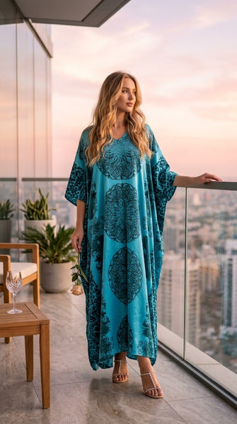 Up2date Fashion Women's Long Satin Caftan / Kaftan / Muumuu, Blue Mandala Print