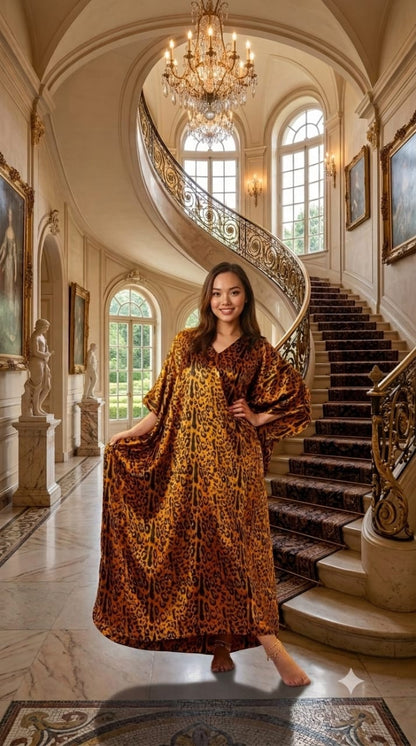 Satin Caftan for Women in Cheetah Print, One Size Kaftan/Mumu, Caf-64