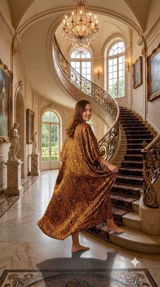 Satin Caftan for Women in Cheetah Print, One Size Kaftan/Mumu, Caf-64