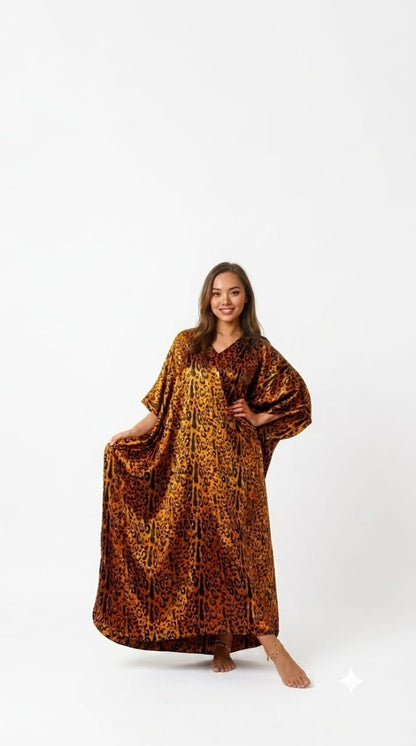 Satin Caftan for Women in Cheetah Print, One Size Kaftan/Mumu, Caf-64
