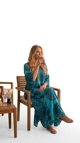 Up2date Fashion Women's Long Satin Caftan / Kaftan / Muumuu, Blue Mandala Print