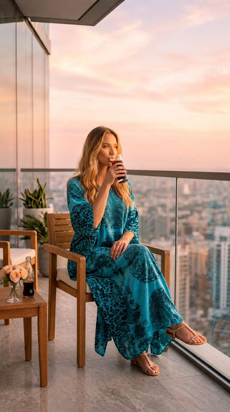 Up2date Fashion Women's Long Satin Caftan / Kaftan / Muumuu, Blue Mandala Print