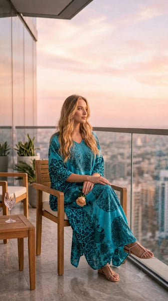 Up2date Fashion Women's Long Satin Caftan / Kaftan / Muumuu, Blue Mandala Print