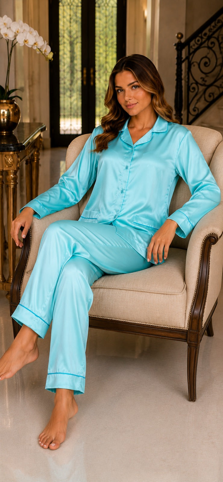 Up2date Fashion Womens Satin Pajama Set with Piping