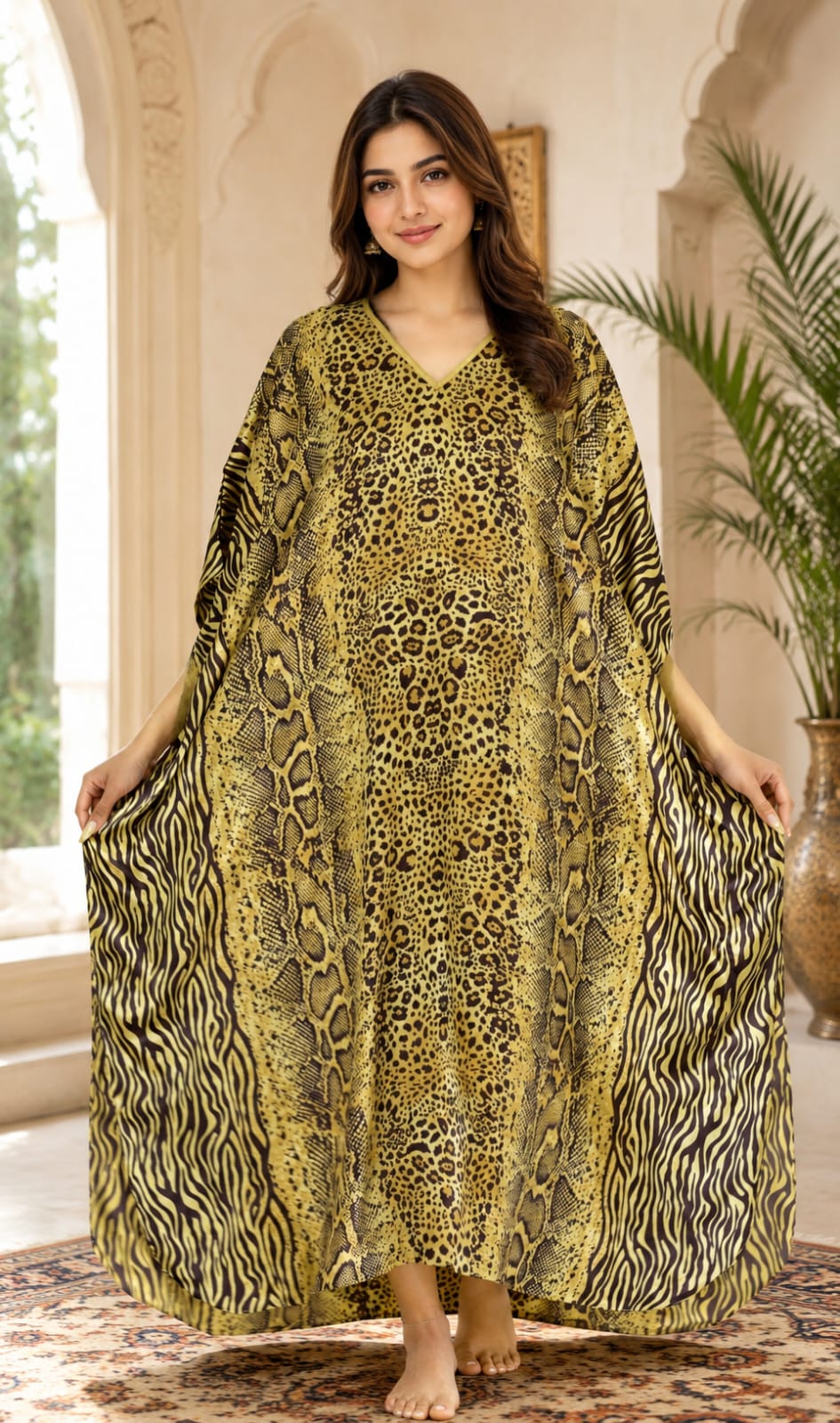 Women's Long Satin Caftan / Kaftan / Muumuu, Cheetah Animal Print