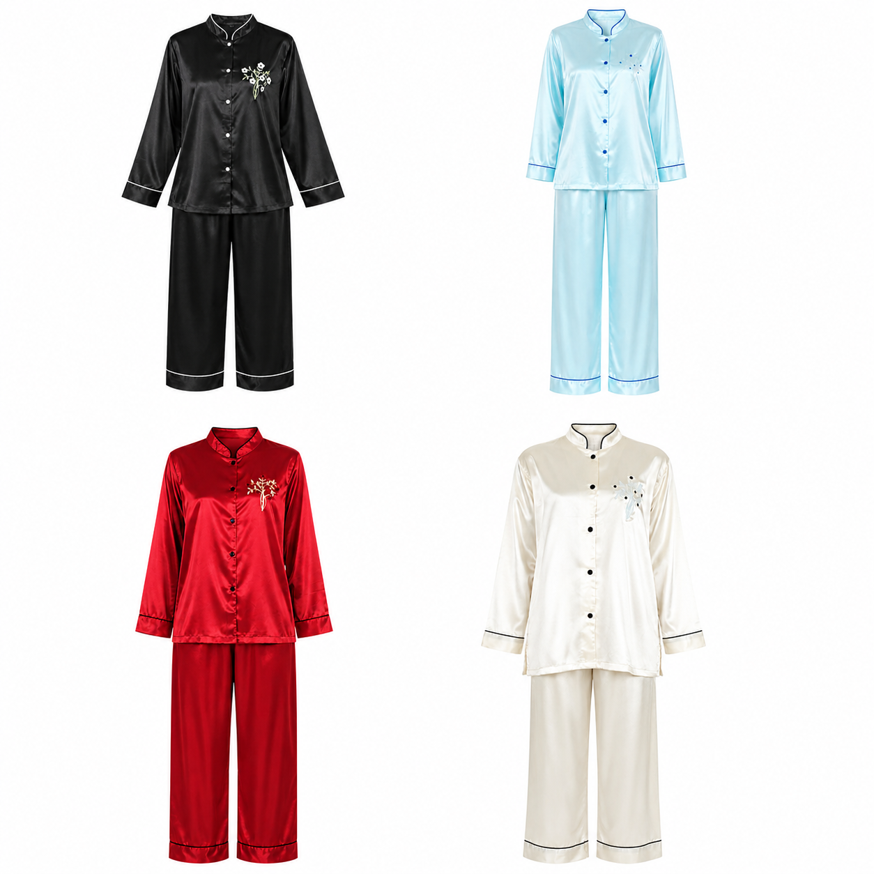Up2date Fashion Women’s Satin Pajama Set, Button Down Long Sleeve Sleepwear with Mandarin Collar, 2 Piece Silky PJs Loungewear