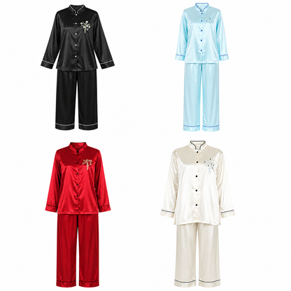 Up2date Fashion Women’s Satin Pajama Set, Button Down Long Sleeve Sleepwear with Mandarin Collar, 2 Piece Silky PJs Loungewear