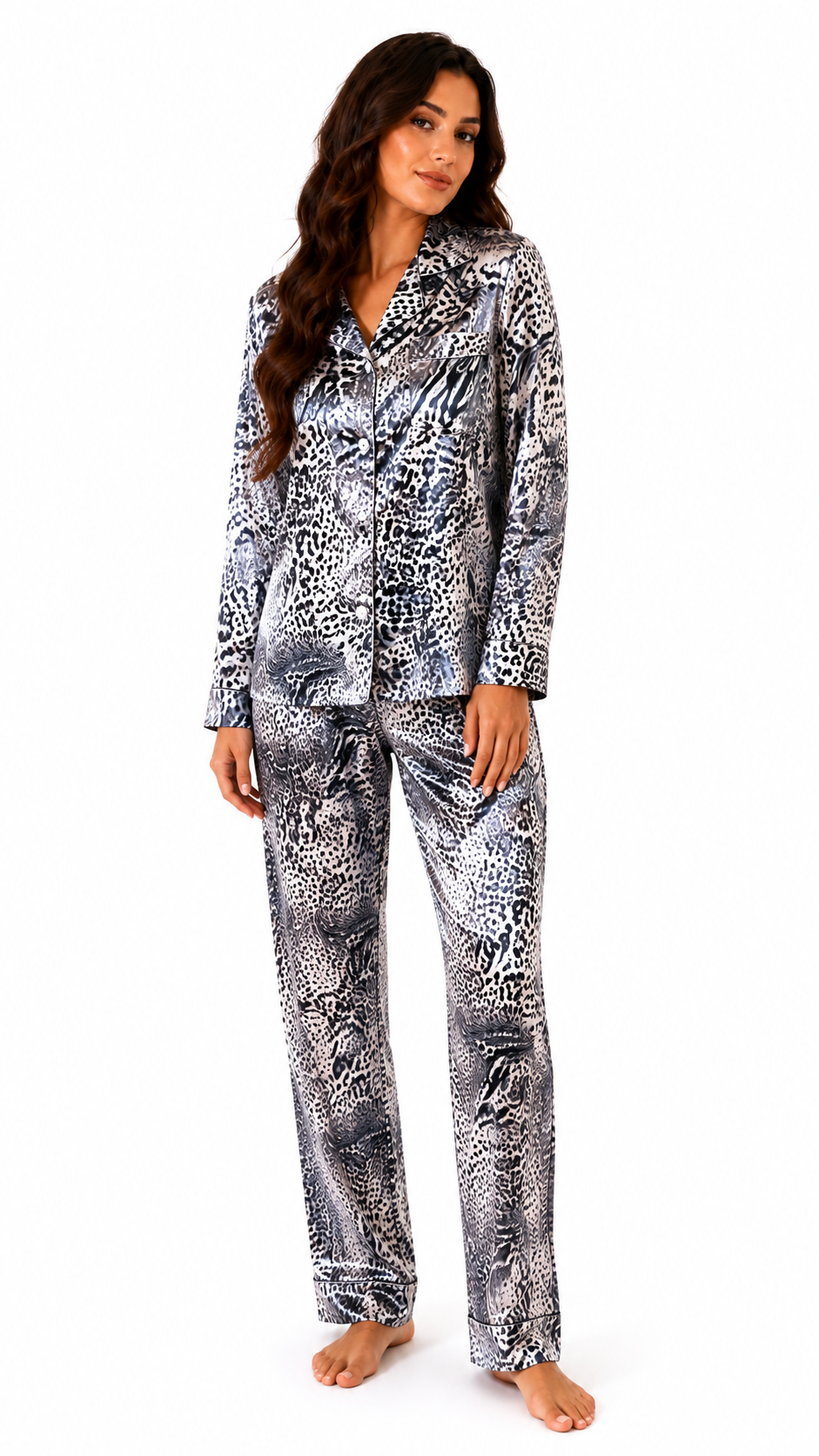 Up2date Fashion Women's Silky Satin Pajama Set Long Sleeve Button Down 2-Piece V-Neck PJs with Pants, Floral & Animal Prints
