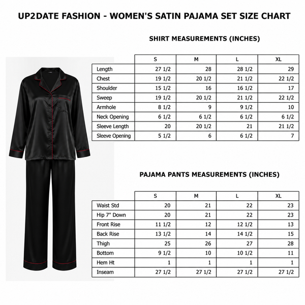 Up2date Fashion Women's Pajama Set / Pajamas / Pyjamas / PJs, Satin, Shawl Collar with Piping