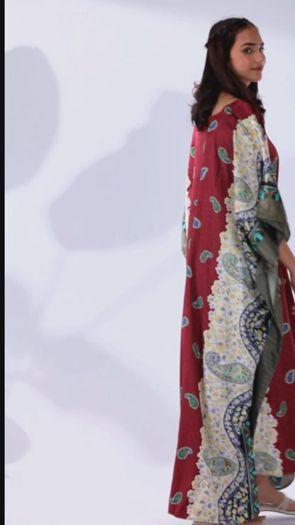 Up2date Fashion Satin Caftan in Burgundy Paisley Print, One Size, Style Caf-04C2
