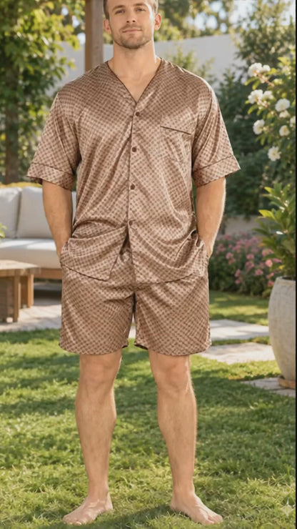 Men's Short Sleeve Silky Satin Pajama Set with Shorts 2 Piece Tie Print PJ Loungewear