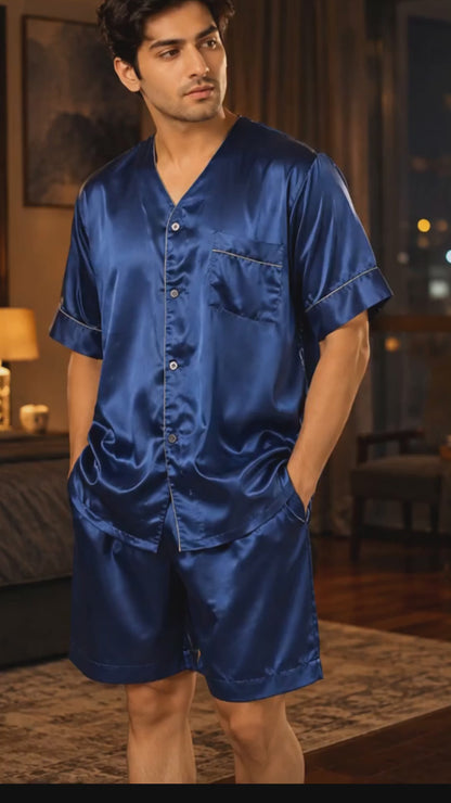 Men's Short Sleeve Silky Satin Pajama Set with Shorts 2 Piece PJ Loungewear