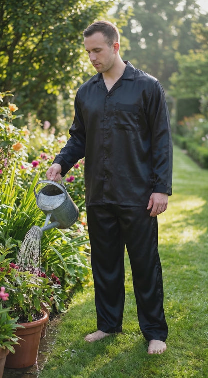 Pajamas Set Mens Silky Satin Pajamas Long Sleeve Loungewear 2-Piece Sleepwear Button-Down PJ with Long Pants