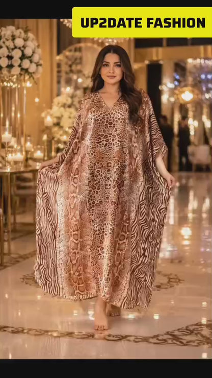 Women's Long Satin Caftan / Kaftan / Muumuu, Gold and Black Animal Print