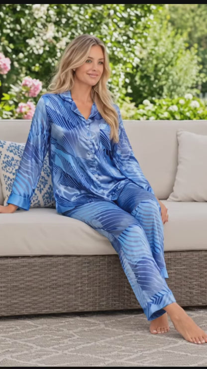 Up2date Fashion Women's Silky Satin Pajama Set Long Sleeve Button Down 2-Piece V-Neck PJs with Pants, Floral & Animal Prints