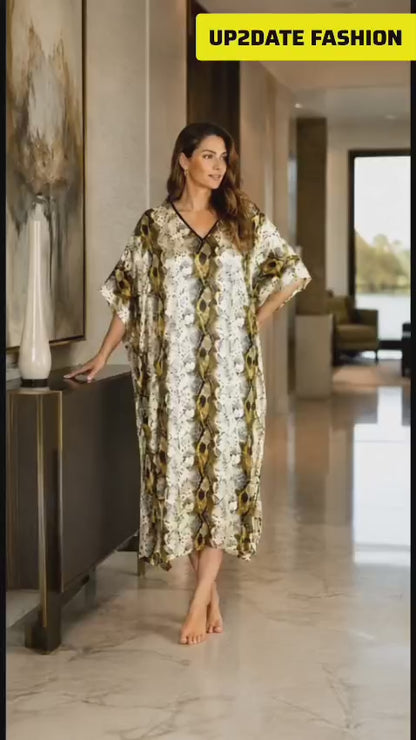 Women's Long Satin Caftan / Kaftan / Muumuu, Snakeskin Print