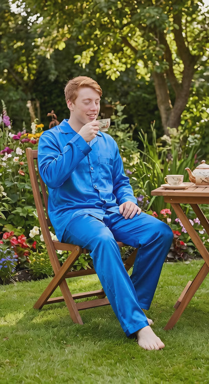 Pajamas Set Mens Silky Satin Pajamas Long Sleeve Loungewear 2-Piece Sleepwear Button-Down PJ with Long Pants