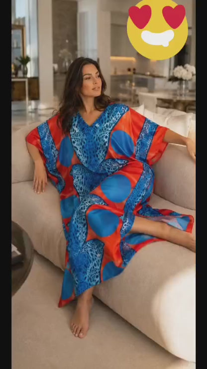 Women's Long Satin Caftan / Kaftan / Muumuu, Tropical Cocktail Animal Print Lounger, Style Caf-23CS