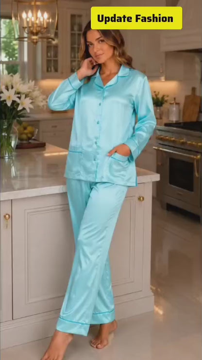 Up2date Fashion Womens Satin Pajama Set with Piping