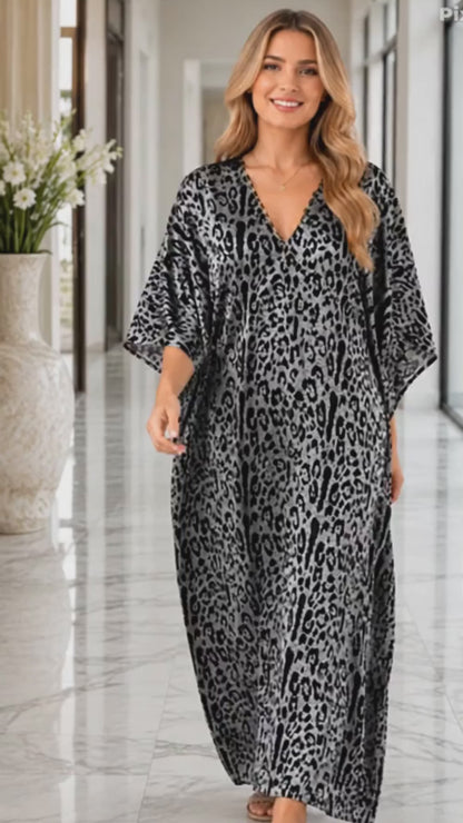 Women's Long Satin Caftan / Kaftan / Muumuu, Classic Animal Print Nightgown, Style Caf-65C2