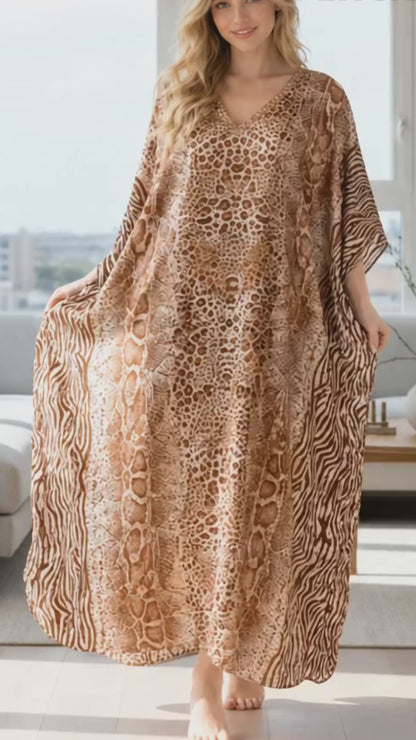 Women's Long Satin Caftan / Kaftan / Muumuu, Gold and Black Animal Print