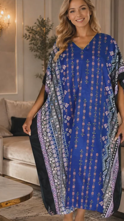 Women's Long Satin Caftan / Kaftan / Muumuu, Spheroid Floral Print in Navy, Style-44