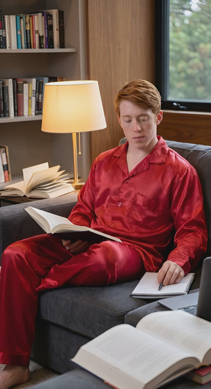Pajamas Set Mens Silky Satin Pajamas Long Sleeve Loungewear 2-Piece Sleepwear Button-Down PJ with Long Pants
