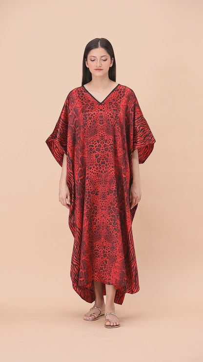 Women's Long Satin Caftan / Kaftan / Muumuu, Tiger Animal Print in Red