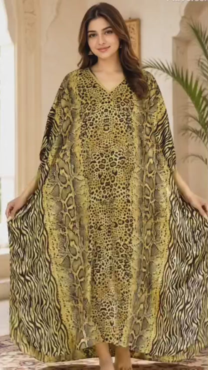 Women's Long Satin Caftan / Kaftan / Muumuu, Cheetah Animal Print