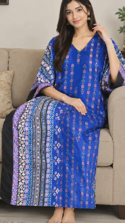 Women's Long Satin Caftan / Kaftan / Muumuu, Spheroid Floral Print in Navy, Style-44