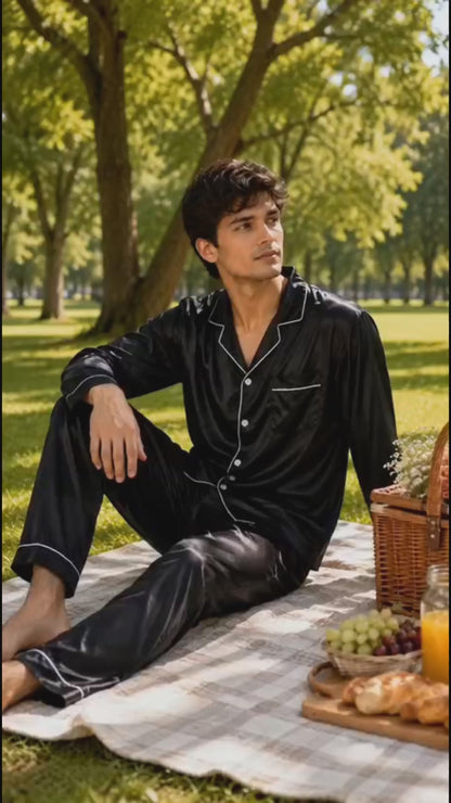 Men's Satin Pajama Set Full Sleeves Silky Loungewear 2 Piece Pjs Classic Button-Down Sleepwear