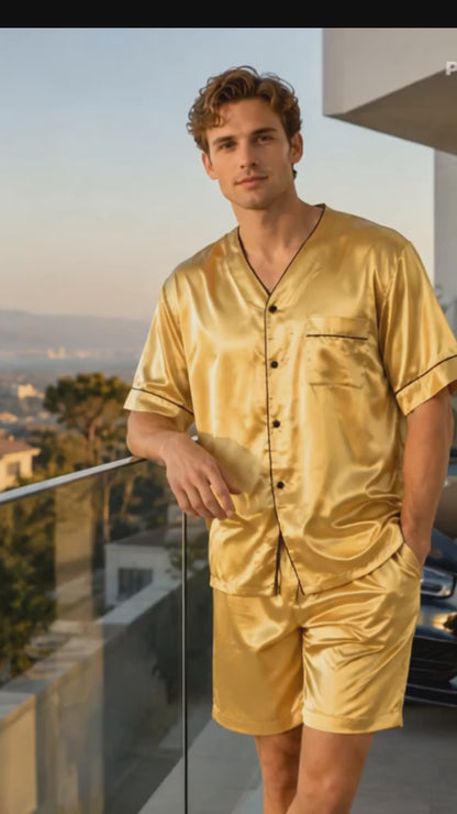 Men's Short Sleeve Silky Satin Pajama Set with Shorts 2 Piece PJ Loungewear