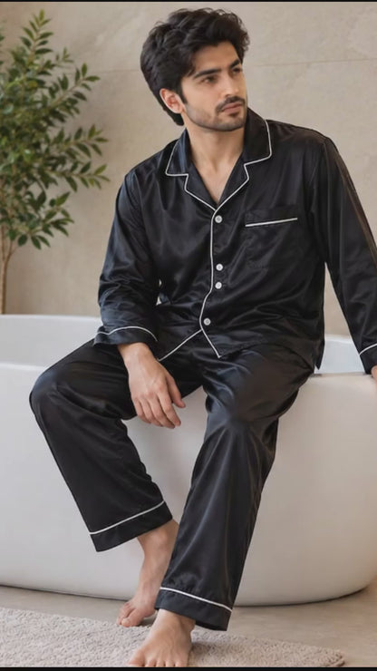 Men's Satin Pajama Set Full Sleeves Silky Loungewear 2 Piece Pjs Classic Button-Down Sleepwear