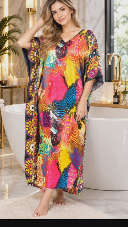 Women's Long Satin Caftan / Kaftan / Muumuu, Midnight Safari Print