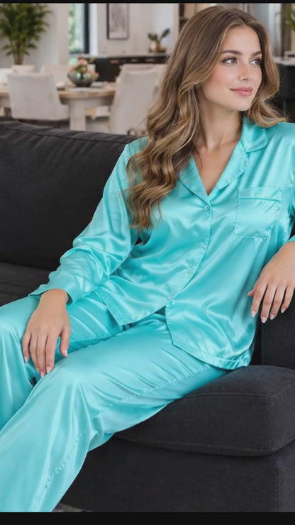 Up2date Fashion Womens Silk Satin Pajamas Set Long Sleeve with Pants Button Down Sleepwear 2 Piece Lounge Set Pj Set